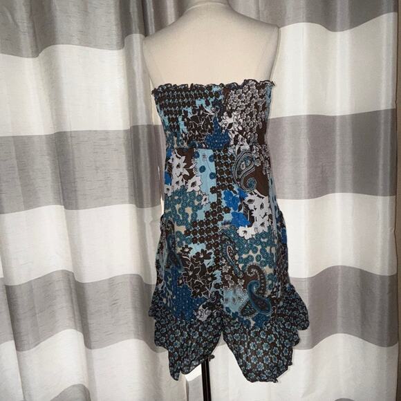 Vtg Y2k TOPSON DOWNS Brown Blue Paisley Boho Strapless Tube Dress Cotton L - Picture 4 of 11
